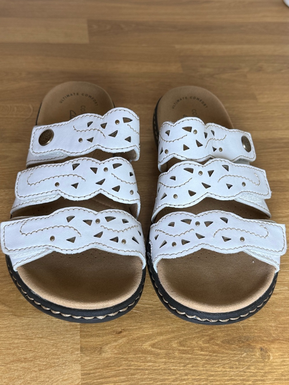 Clarks Collection Laurieann Echo White Leather Slide Sandals Comfort Vacation 7M